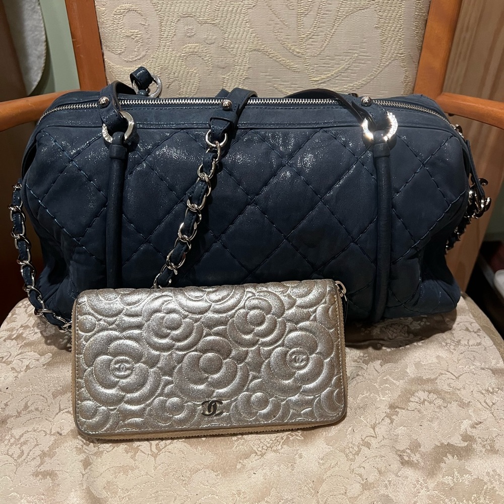 Chanel Relax bag in iridescent blue with bonus wallet